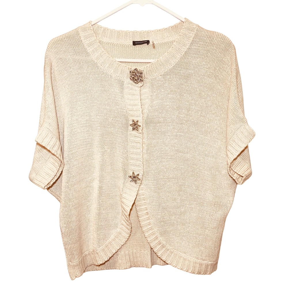 Magaschoni Silk Cardigan XL Blush Cream Jeweled Snap Buttons Short Sleeve